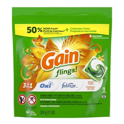 Gain Flings Laundry Detergent Pacs, 16 Count, Island Fresh Scent, 3 in 1 HE Detergent Pacs with Oxi Boost and Febreeze