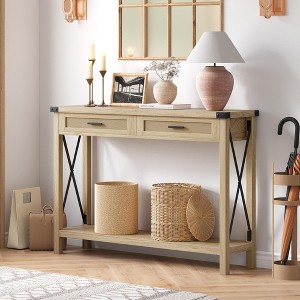 43" Farmhouse X-Shape Console Table with 2 Rattan Drawers and Shelf - 1 of 4