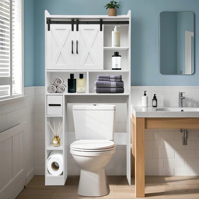 Over The Toilet Storage Cabinet, Above Toilet Bathroom Storage with Sliding Doors, Farmhouse Wood Toilet Shelf with Toilet Paper Holder, Space-Saving
