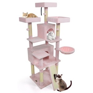 Costway 65” Tall Multi-level Cat Tree with 3 Upholstered Top Perch 2 Cat Condos Cat Basket Beige/Light Gray/Dark Gray/Pink - 1 of 4