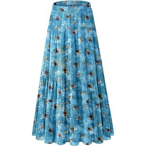 Women's 2025 Boho Chiffon Maxi Skirt - Flowy Pleated A-Line Long Skirt with Elastic Waist Gray-blue Flower-88 - 1 of 4