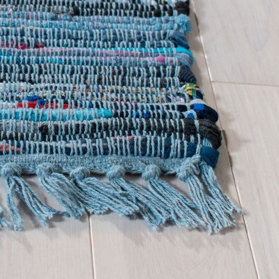 Hand-Woven Blue and Multi-Stripe Cotton Wool Runner Rug, 2'3" X 11'