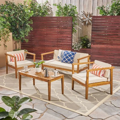 Suki 4 Pieces Acacia Wood Patio Coversation Set with Coffee Table and Cushions, Outdoor & Indoor Furniture - Maison Boucle