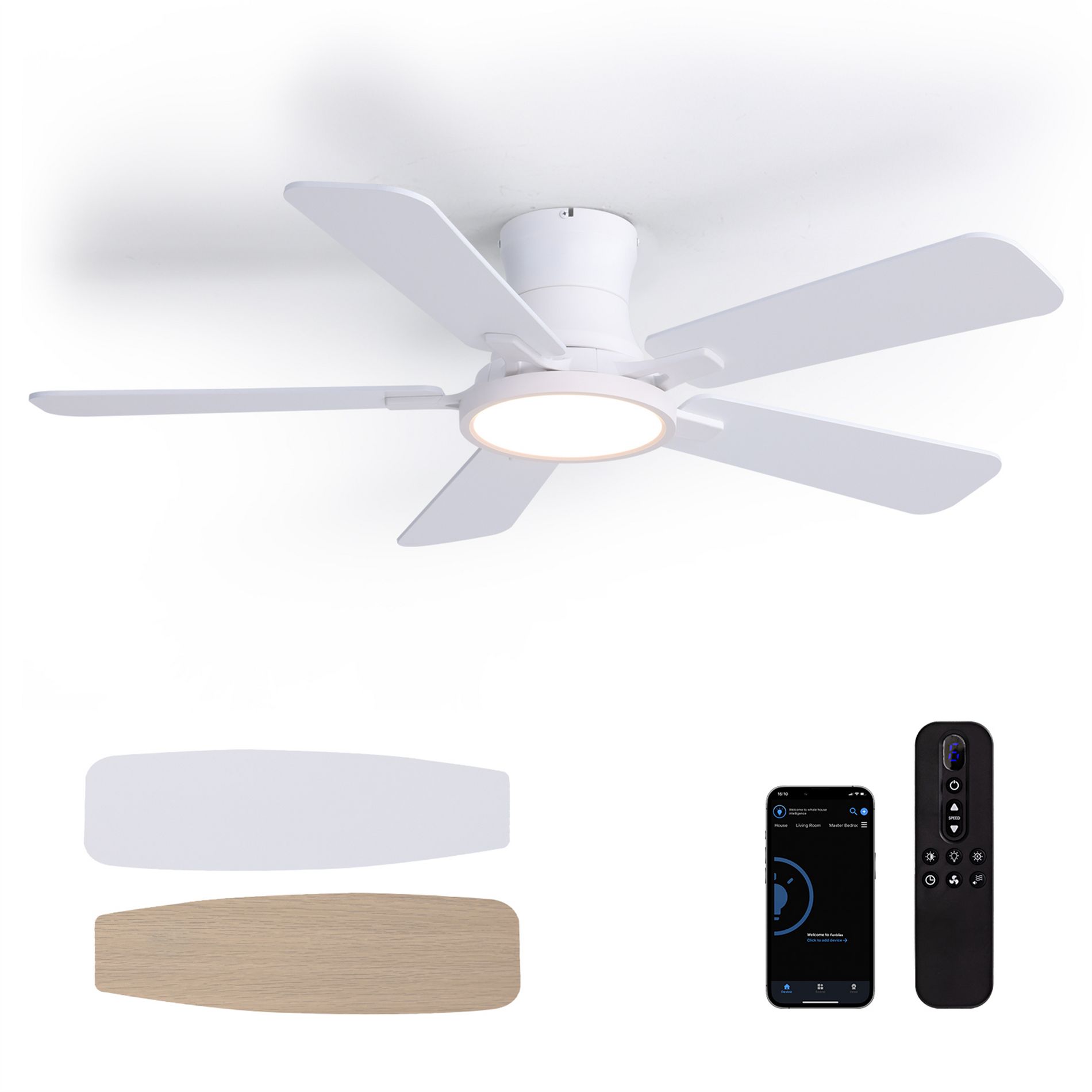 Siljoy Ceiling Fans with Lights, 44 Inch Flush Mount Ceiling Fan, Remote Control, Reversible, 3CCT, Dimmable, White