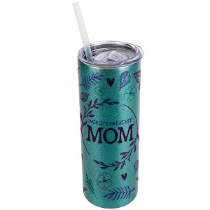 Elanze Designs Floral Turquoise Blue 20 Ounce Double Wall Stainless Steel Glitter Travel Tumbler With Sliding Lid And Straw, World's Greatest Mom - 1 of 4