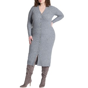 ELOQUII Women's Plus Size Sweater Dress With Buttons - 14/16, Grey - 1 of 3