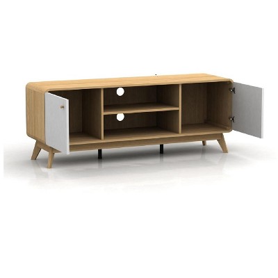 Leva Oak and White Mid-Century Modern TV Stand with Cabinet