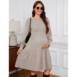 Maternity Smocked Cuff Dress Casual Ribbed Knit Bell Sleeve Midi Dress for Pregnancy - 1 of 4