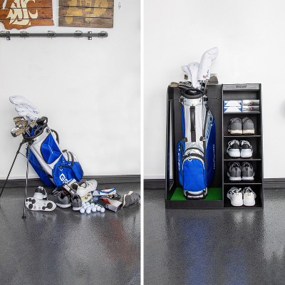 Black Wooden Freestanding Golf Bag Organizer with Multiple Compartments