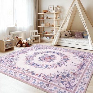 Large Beige Butterfly Floral Area Rug, Ultra-Thin Non-Slip Washable Mat for Living Room & Bedroom - 1 of 4