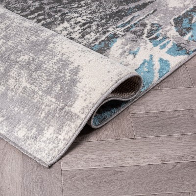 Blue and Gray Floral Stain-Resistant Runner Rug 2' x 7'