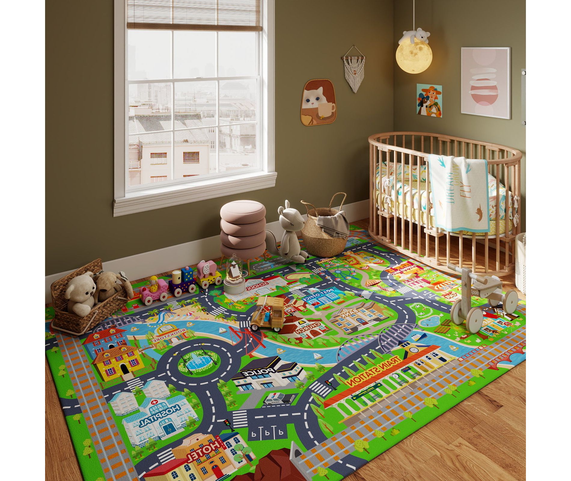 LOVEVOOK Car Rug Play Mat for Kids Toy Cars, Playmat for Kid Bedroom, Non-Slip Machine Washable Town City Race Track Carpet 4x5 Feet