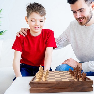 15" Wooden Chess and Checkers Board Game Set with Storage Drawer
