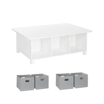 RiverRidge Kids' Desk, Activity and Play Table with 6 Storage Cubbies White with 4 Fabric Bins