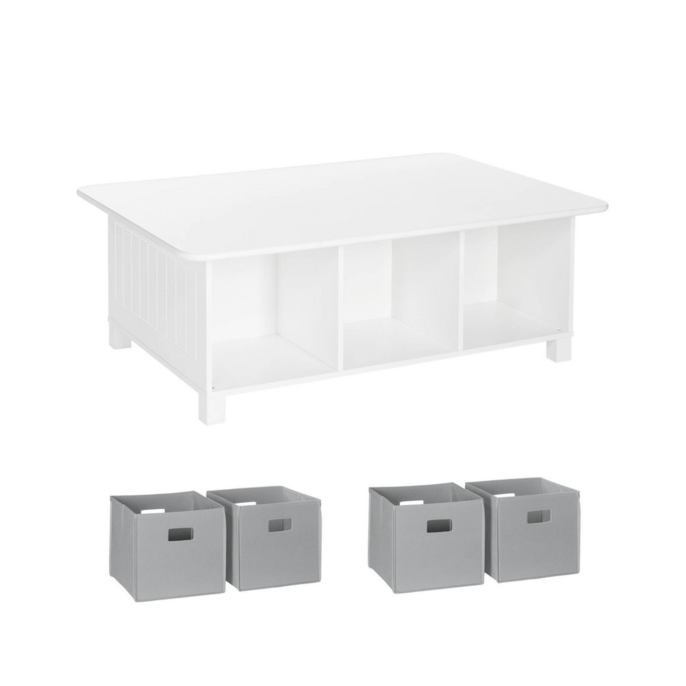 RiverRidge Kids' Desk, Activity and Play Table with 6 Storage Cubbies White with 4 Gray Fabric Bins: RiverRidge Home Kids Table Set, MDF Frame