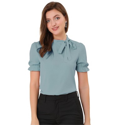 INSPIRE CHIC Women's Bow Tie Neck Solid Color Elastic Cuffs Elegant Office Short Sleeve Blouse