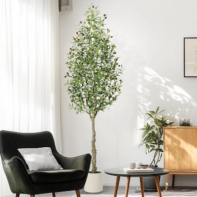 Artificial Olive Tree with Realistic Trunk, Silk Leaves & Fruits in White Pot, Faux Plant for Home or Office Decor