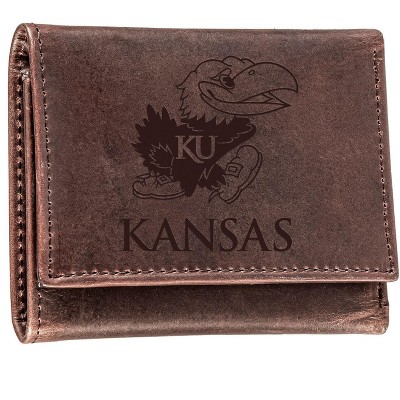 Evergreen NCAA Kansas Jayhawks Brown Leather Trifold Wallet Officially Licensed with Gift Box