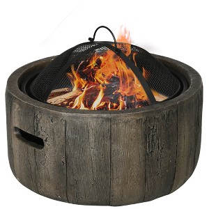 Outsunny Outdoor Fire Pit, 18 Inch Metal Wood Burning Fireplace with Spark Cover, Poker, Woodgrain Design for Patio, Picnic, Backyard, Dark Brown - 1 of 4