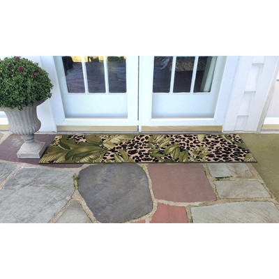 Safari Green Tropical Leaves and Leopard Print Flat Woven Rug