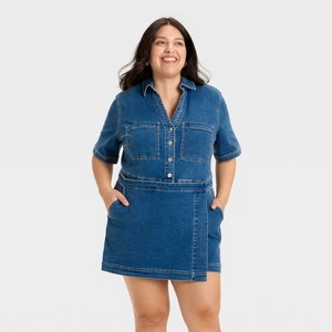 Women's Denim Shortalls - Ava & Viv™ Medium Wash - 1 of 3