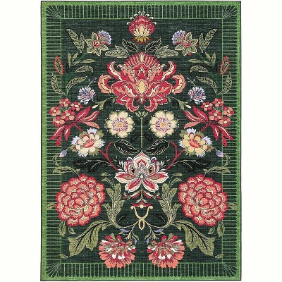 Forest Green Floral Rug, Vintage Boho Low Pile Washable Area Rug for Living Room, Bedroom, Dining, Nursery