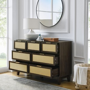 Okak Rustic Dresser for Bedroom with 7 Wide Rattan Drawer, Wooden Chest Closet Storage Cabinet Organizer for Living Room Hallway Entryway, Walnut - 1 of 4