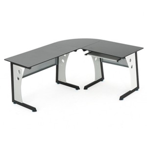 Christopher Knight Home Oria L-Shaped Desk with Tempered Glass - Black/Gray: Modern Office Desk with Open Storage Shelf - 1 of 4