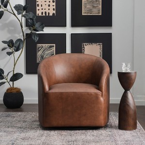 KINWELL 32"W 100% Top Grain Genuine Leather Swivel Barrel Armchair - 1 of 4
