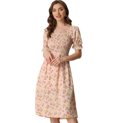 Женские платья INSPIRE CHIC Women's Cottagecore Floral Square Neck Puff Sleeves Summer Midi Smocked Dress Pink Medium