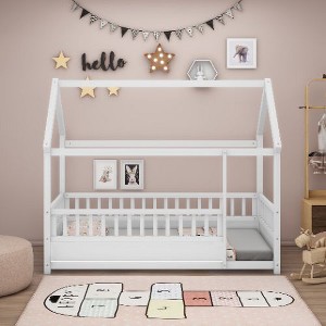 CAVINAS Twin Size Bed Frame, Wooden Bed with House Roof Frame for Children, Floor Platform Bed with Fence Guardrails - 1 of 4