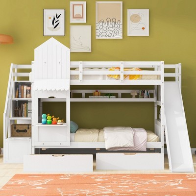 NicBex Full Over Full/Twin over Twin Bunk Bed with 2 Drawers 3 Shelves,Castle Style Loft Bed with Slide for Bedroom,Pink/White/Gray/Blue