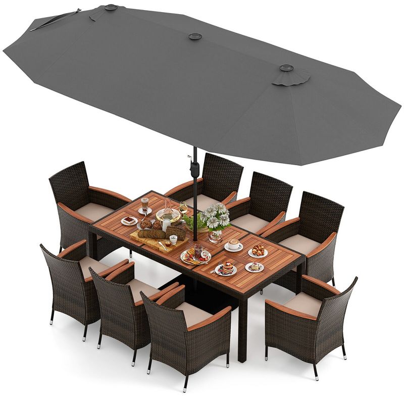 Tangkula 9 Piece Patio Wicker Dining Set w/ Double-Sided Patio Grey Umbrella Stackable Chairs, 1 of 10