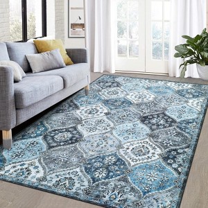 Machine Washable Moroccan Trellis Rug, Stain Resistant & Non-Slip, Vintage Floral Farmhouse Carpet for Dining Room, Bedroom - 1 of 4