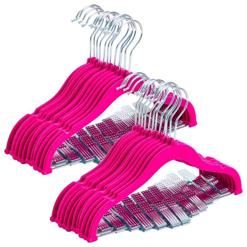 Juvale 24 Pack Hot Pink Velvet Hangers, Space Saving Kids Hangers with Clips for Baby Nursery, Closet, Ultra Thin, Nonslip, 12 Inches, 1 of 10