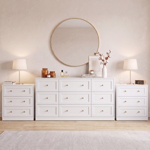 white and gold dresser and nightstand set Heynemo 3-Piece Bedroom Set, 9-Drawer with 2 Matching 3-Drawer Nightstands, White, Knobs, Waterproof Finish : Target off white and gold furniture