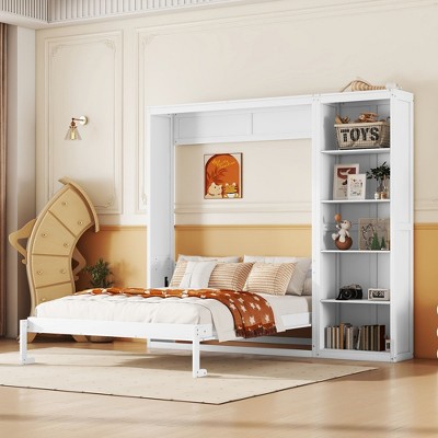 NicBex Full Size Murphy Bed Wooden Bed Frame Morden Hideaway Wall Bed with 1 Side Storage Shelves for Bedroom