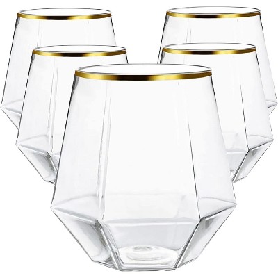 Attop 40 count Diamond Unbreakable Stemless Plastic Wine Glasses Elegant Durable Disposable Indoor Outdoor 12 oz Gold Rim (Gold)