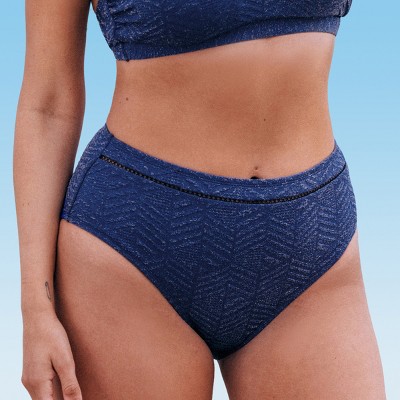 Women's Lurex Blue High-Rise Bikini Bottoms Swimsuit - Cupshe
