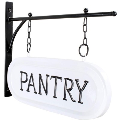 AuldHome Design Metal Hanging Pantry Sign, White Enamelware Iron 2-Sided Rustic Farmhouse Decor