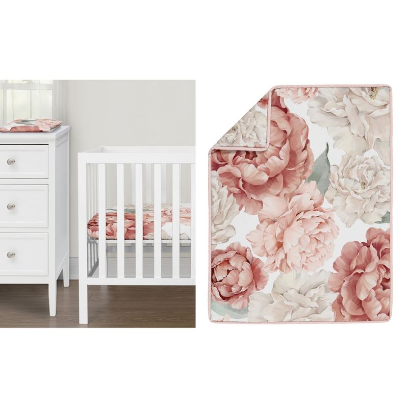 Sweet Jojo Designs Girl Baby Mini Crib Bedding Set - Peony Floral Garden Pink and Ivory 3pc, 1 of 6
