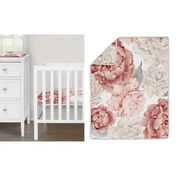 Sweet Jojo Designs Girl Baby Mini Crib Bedding Set - Peony Floral Garden Pink and Ivory 3pc