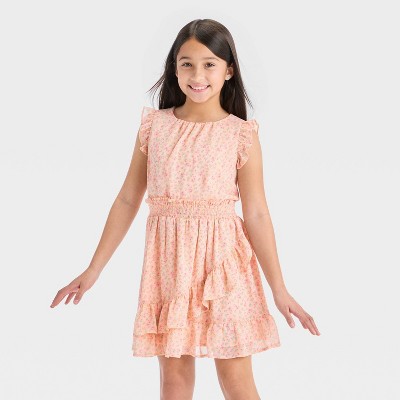 Girls' Sleeveless Chiffon Floral Ruffle Dress - Cat & Jack™ Peach Pink M