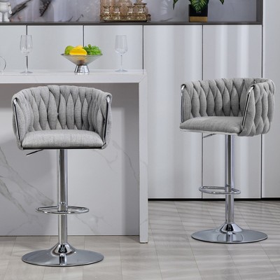 SKRAN Swivel Counter Height Bar Stools Set of 2, Adjustable Height Barstools with Woven Back & Footrest,Silver chromed Bar Stools for Cafe, Pub