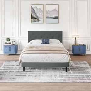 Streamdale Twin Platform Bed with Button Tufted Headboard and Wood Slats - 1 of 4