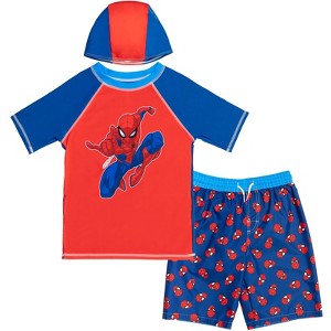 Marvel Avengers Captain America Pullover Rash Guard Swim Trunks and Cap 3 Piece Swimsuit Set Little Kid to Big Kid - 1 of 4