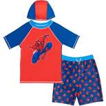 Marvel Spider-Man Rash Guard Swim Trunks and Cap 3 Piece Swimsuit Set Little Kid to Big Kid