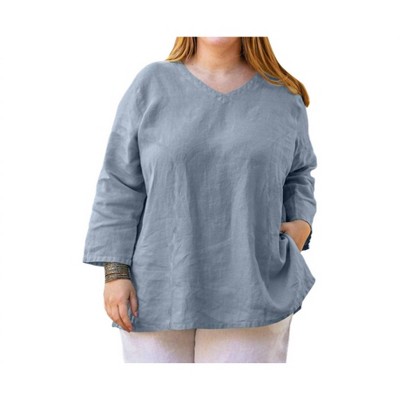 Women's Linen 3/4 Sleeve V-Neck Top - Plus - On The Plus Side