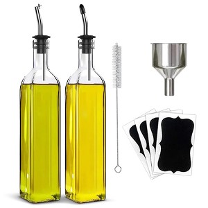 Cheer Collection 2-Pack Glass Olive Oil Dispensers with Funnel, Pour Spouts, Labels & Brush – 17oz Each Bottle - 1 of 4