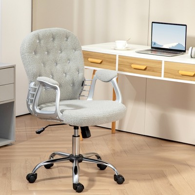 Vynxaria Teddy Fleece Home Office Chair, Button Tufted Desk Chair with Padded Armrests, Adjustable Height and Swivel Wheels, Gray